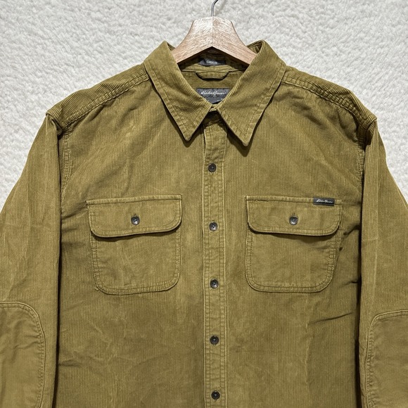 Eddie Bauer Tan Shirt Mens L Large TL Heavy Corduroy Elbow Patch Classic Fit - Picture 4 of 14